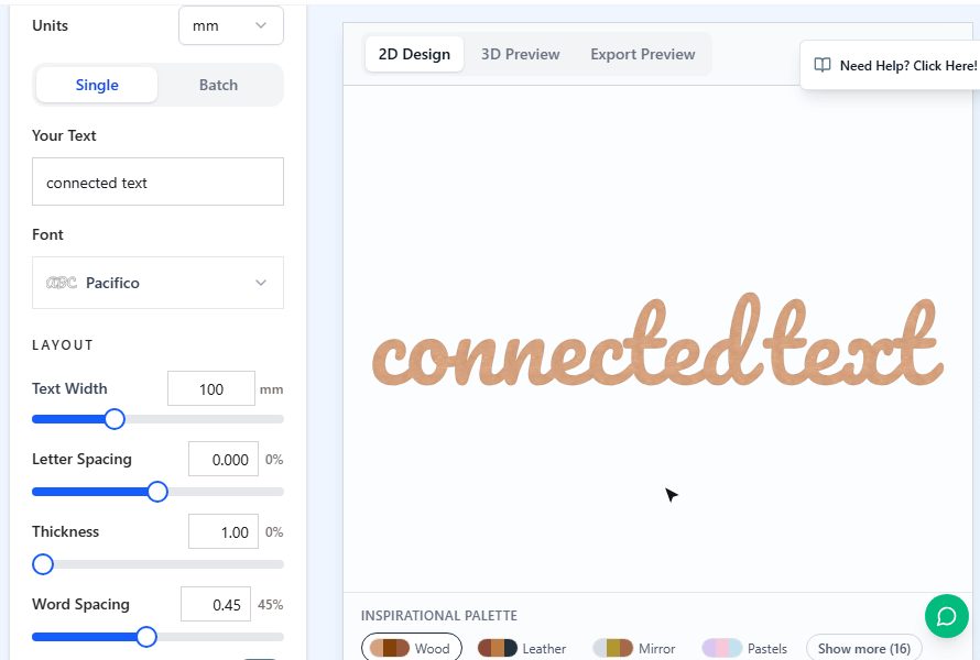 Typing Happy Lasering into the Connected Text generator, then clicking Download to LightBurn