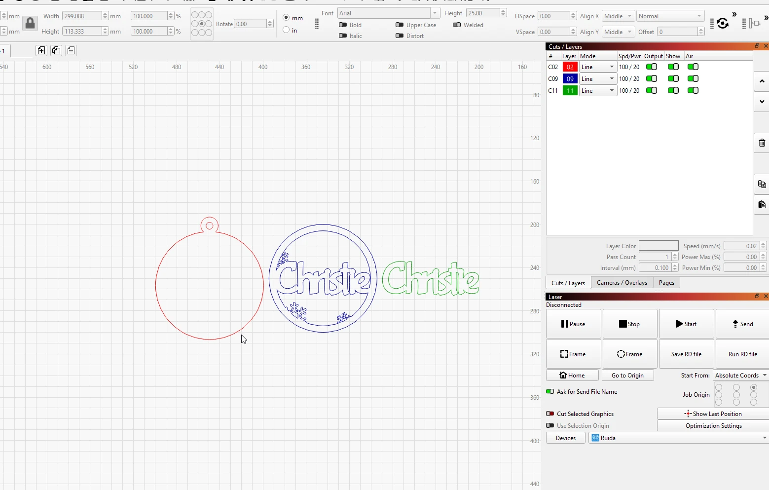 A three-layer Christmas ornament imported into LightBurn as red, blue, and green layers in the Cuts / Layers panel