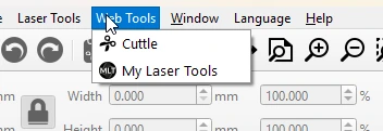LightBurn's Web Tools menu with the My Laser Tools entry