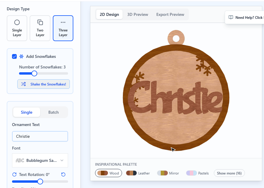 Typing a name into the Christmas Ornament Generator, then opening the colour-coded export preview