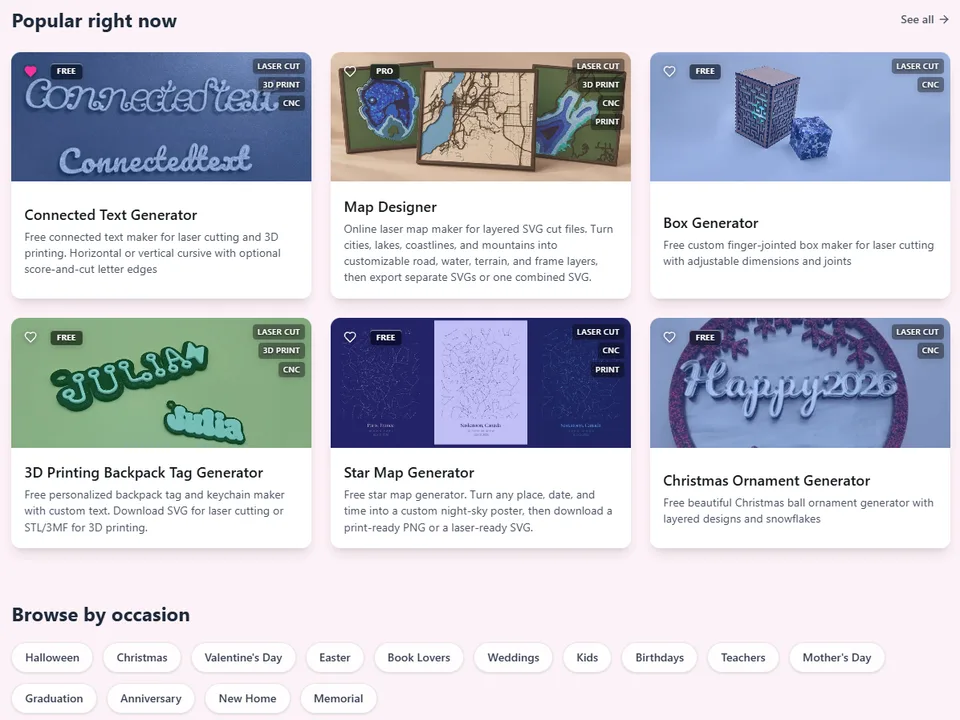 Popular MyLaserTools generators, including Connected Text, Map Designer, Box, Backpack Tag, Star Map, and Christmas Ornament