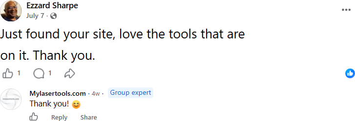 comentario en Facebook de Ezzard Sharpe: "Just found your site, love the tools that are on it. Thank you." sobre las herramientas gratuitas de diseño de corte láser e impresión 3D de MyLaserTools.