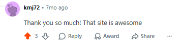 Reddit comment by kmj72: "Thank you so much! That site is awesome." about MyLaserTools free laser cutting and 3D printing design tools.