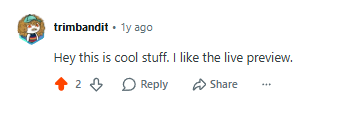 Reddit comment by trimbandit: "Hey this is cool stuff. I like the live preview." about MyLaserTools free laser cutting and 3D printing design tools.